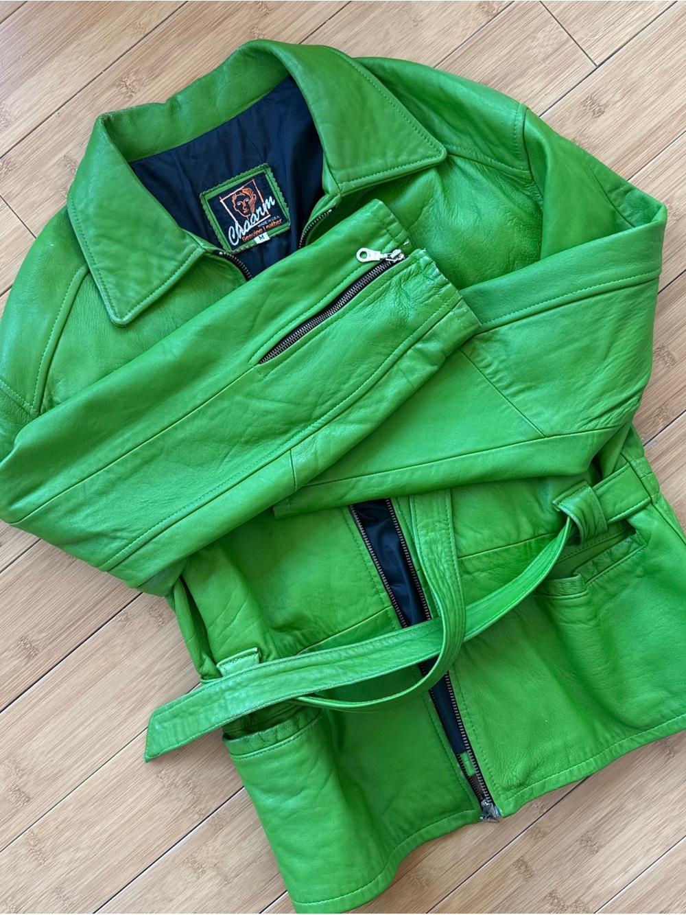 Vintage Chaarm Green Leather Jacket with Belt